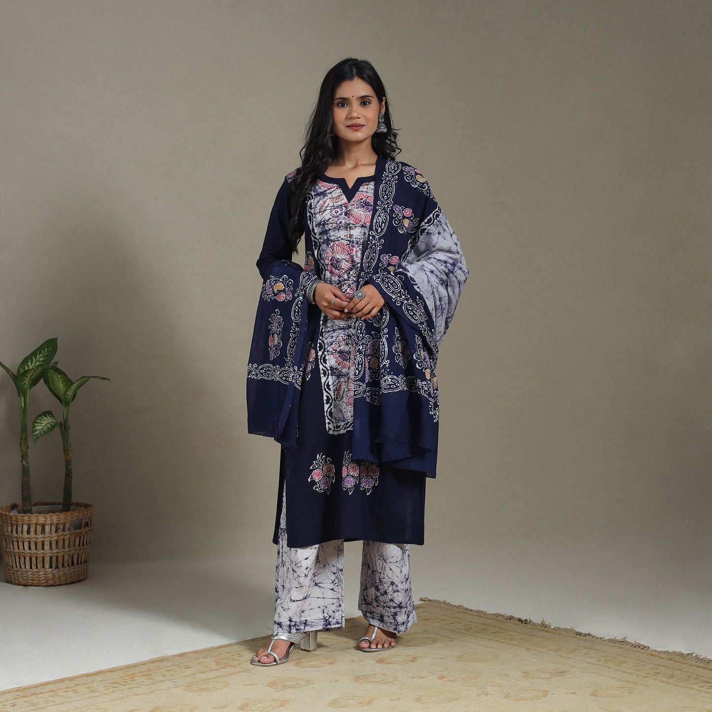 Blue Cotton Indonesian Hand Batik Print Kurta Set (Set of 3)