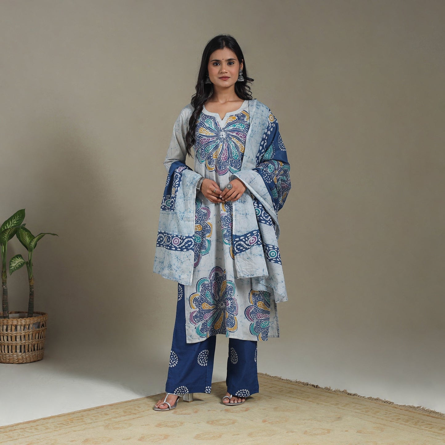 Blue Cotton Indonesian Hand Batik Print Kurta Set (Set of 3)