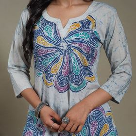 Blue Cotton Indonesian Hand Batik Print Kurta Set (Set of 3)