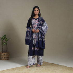Blue Cotton Indonesian Hand Batik Print Kurta Set (Set of 3)