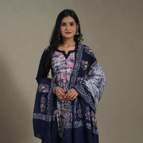 Blue Cotton Indonesian Hand Batik Print Kurta Set (Set of 3)