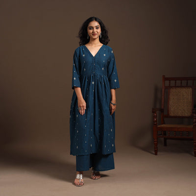Blue - cotton jacquard kurta set (set of 2) 07 - handcrafted