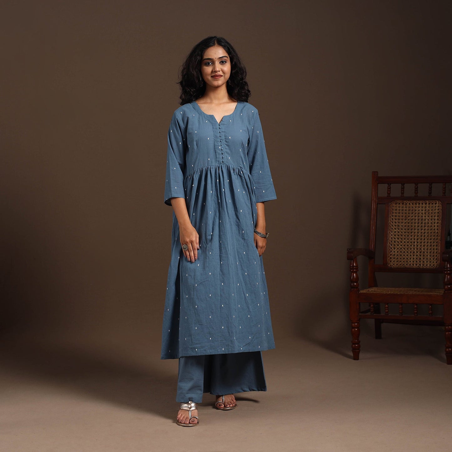 Blue - cotton jacquard kurta set (set of 2) 13 - handcrafted