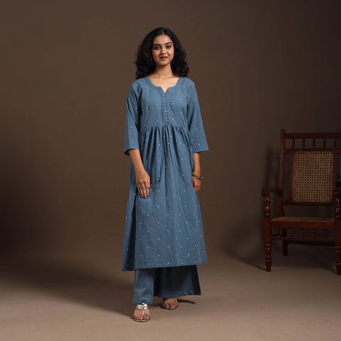 Blue - cotton jacquard kurta set (set of 2) 13 - handcrafted
