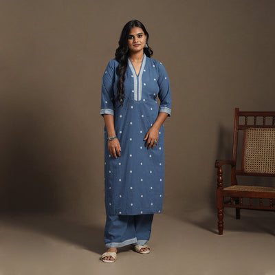 Blue Cotton Jacquard Kurta Set (Set of 2)