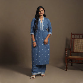 Blue Cotton Jacquard Kurta Set (Set of 2)