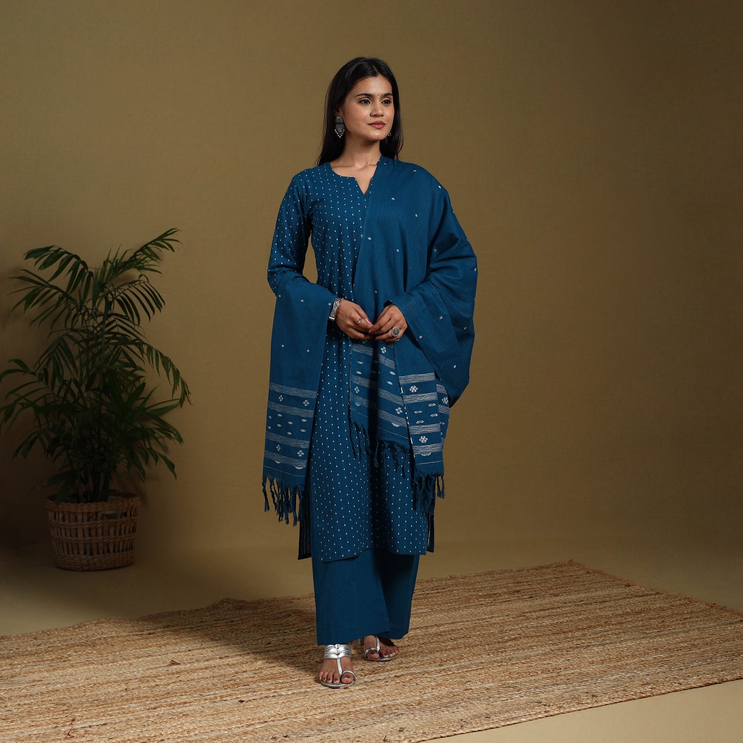 Blue - cotton jacquard kurta set (set of 3) 03 - handcrafted