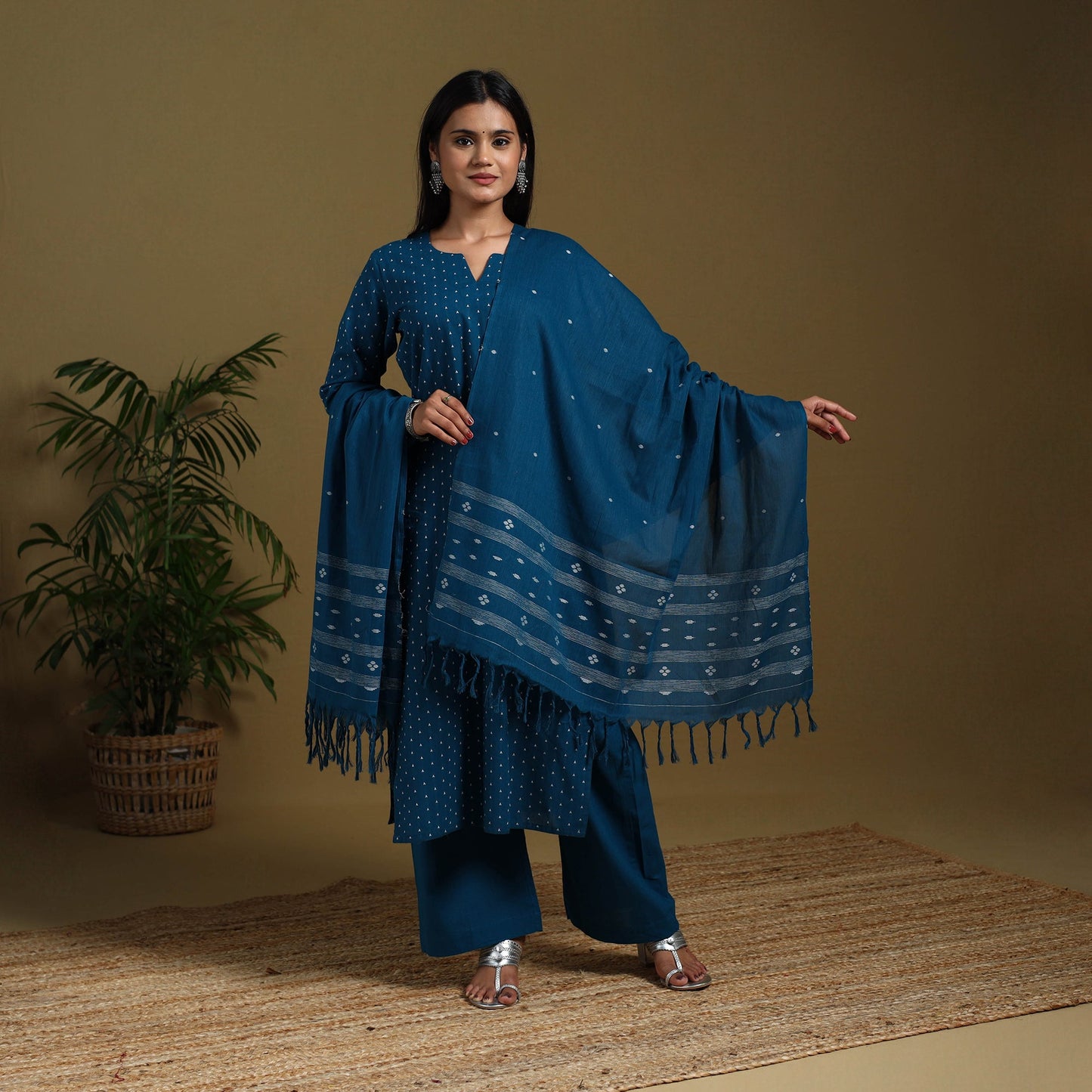 Blue - cotton jacquard kurta set (set of 3) 03 - handcrafted