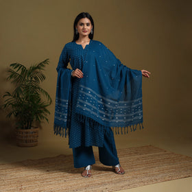 Blue - cotton jacquard kurta set (set of 3) 03 - handcrafted