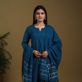 Blue - cotton jacquard kurta set (set of 3) 03 - handcrafted