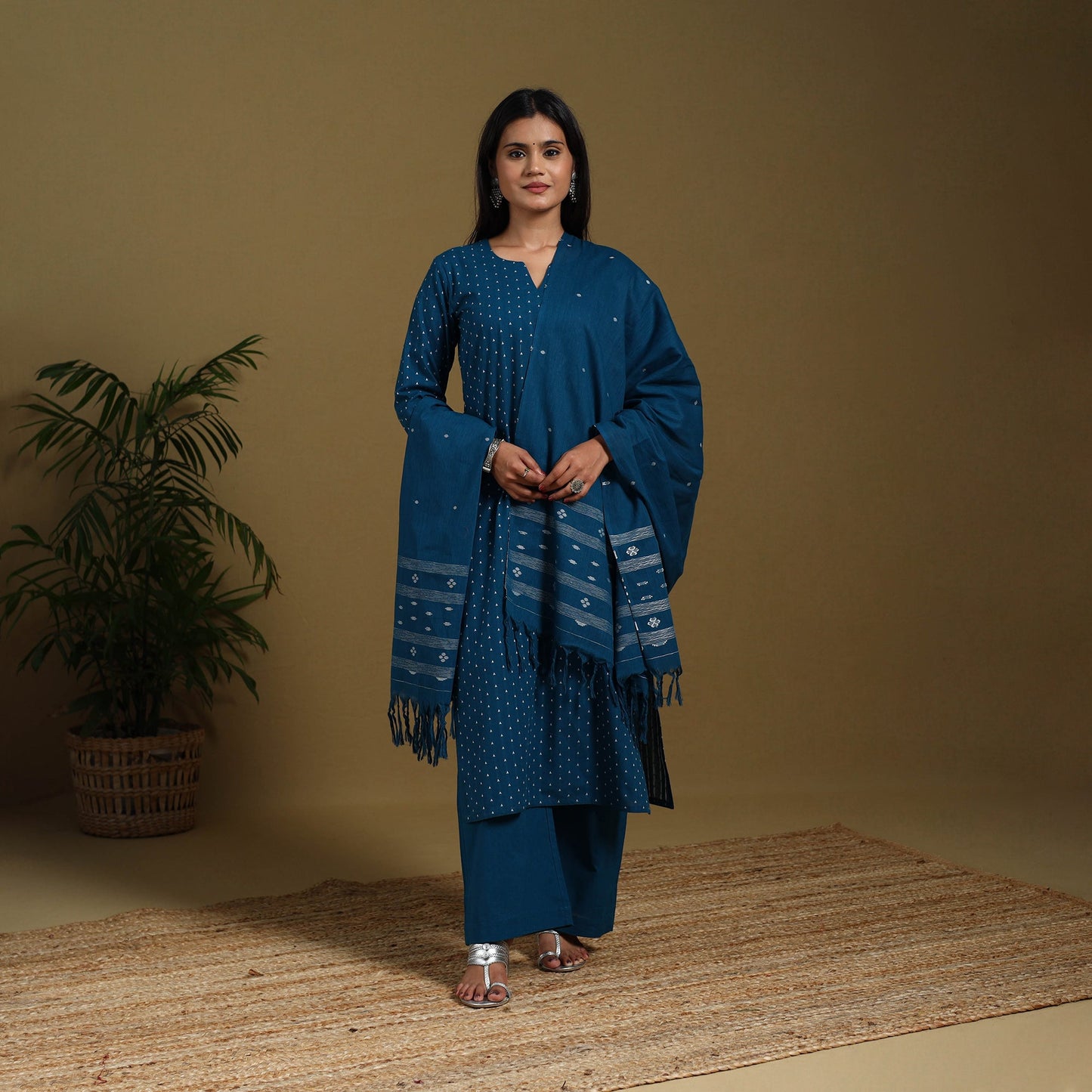 Blue - cotton jacquard kurta set (set of 3) 03 - handcrafted