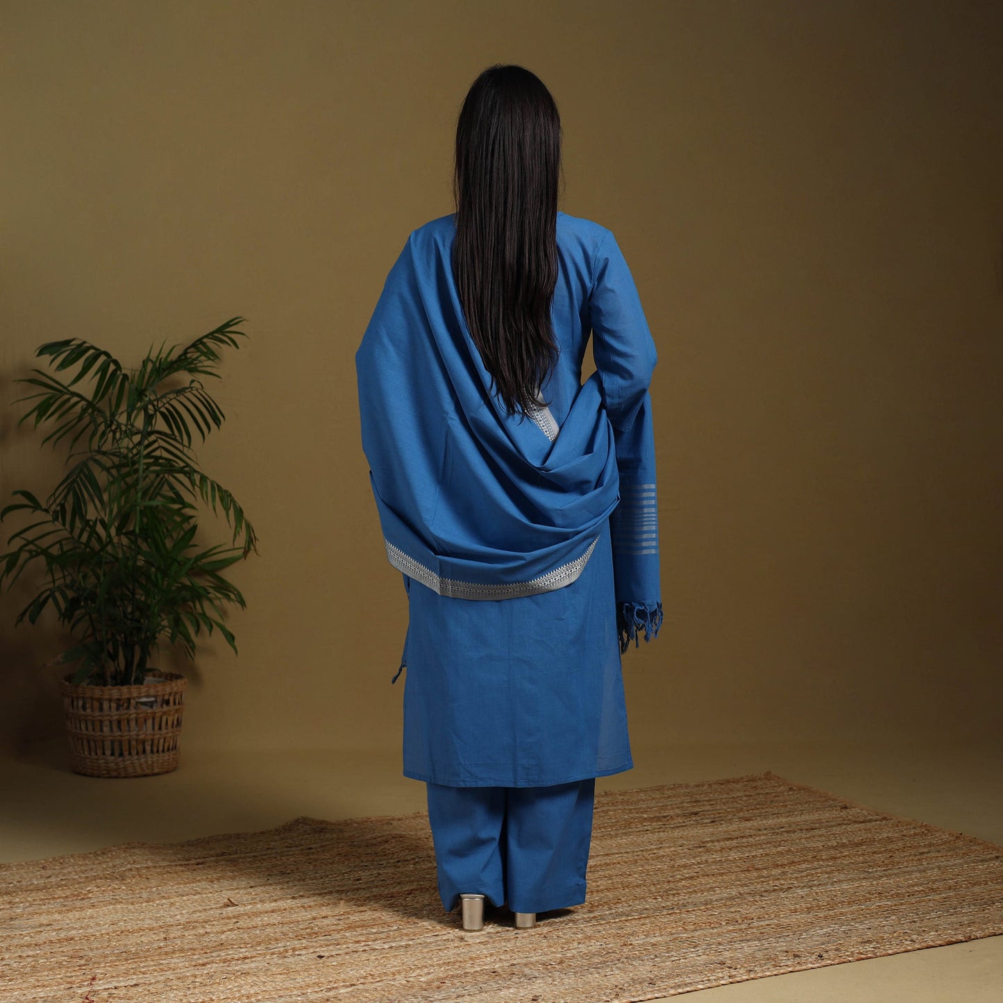 Blue - cotton jacquard kurta set (set of 3) 04 - handcrafted