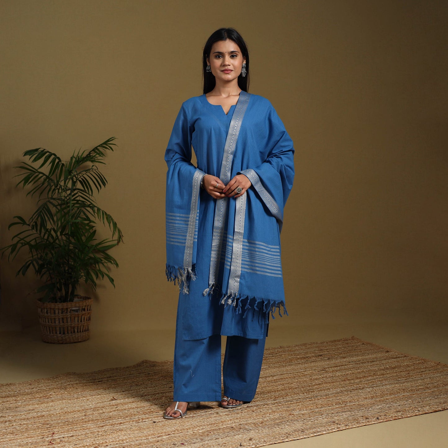 Blue - cotton jacquard kurta set (set of 3) 04 - handcrafted