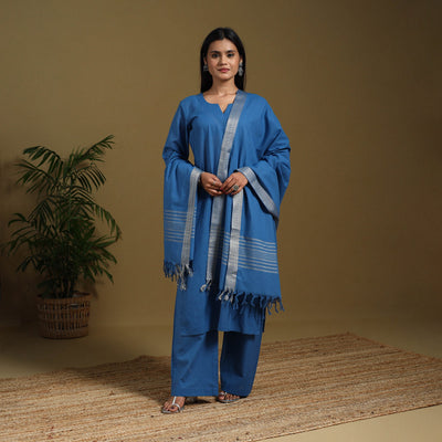 Blue - cotton jacquard kurta set (set of 3) 04 - handcrafted