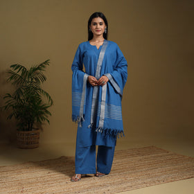 Blue - cotton jacquard kurta set (set of 3) 04 - handcrafted