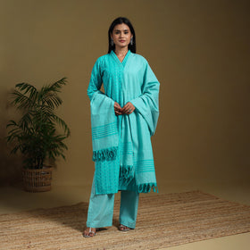 Blue - cotton jacquard kurta set (set of 3) 06 - handcrafted