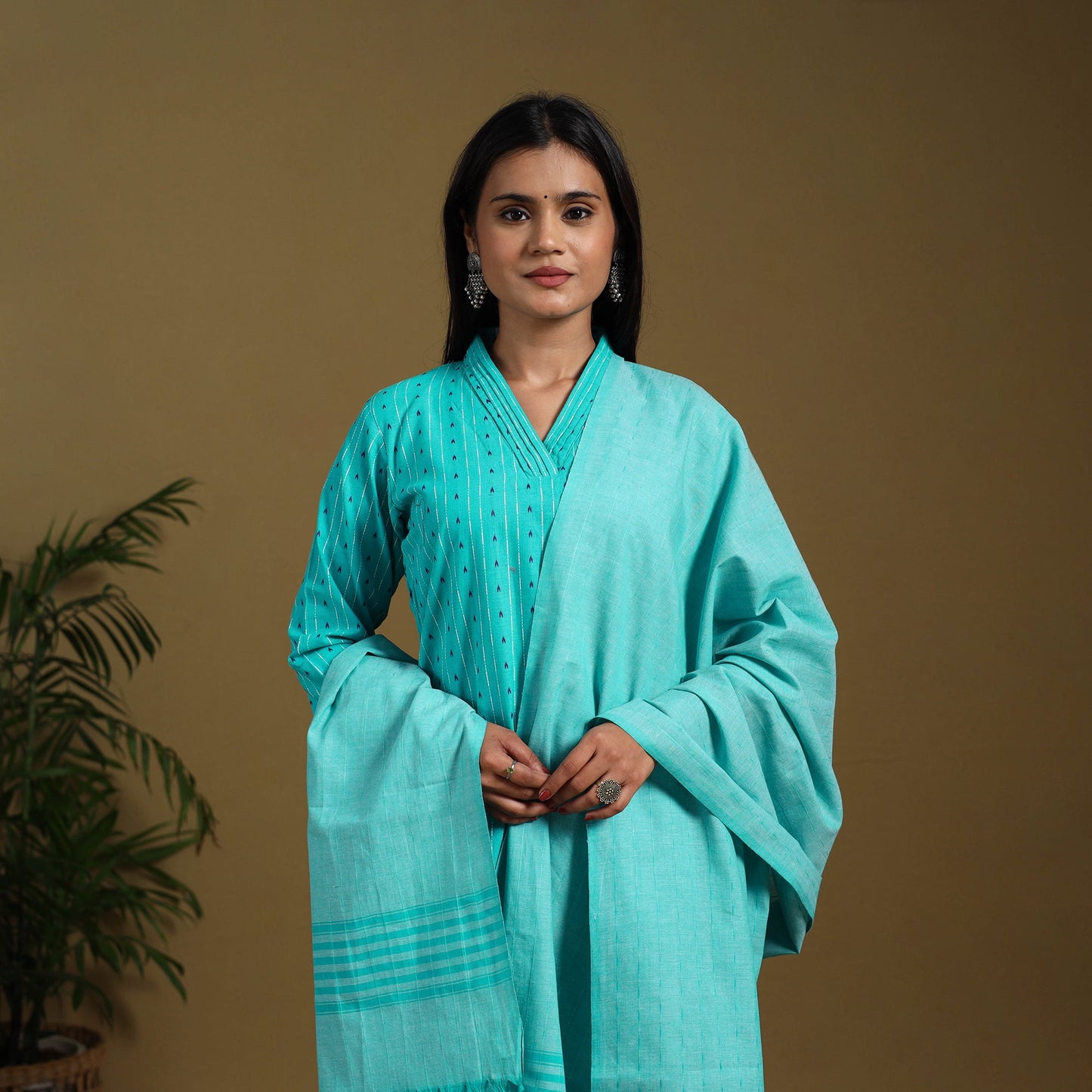 Blue - cotton jacquard kurta set (set of 3) 06 - handcrafted