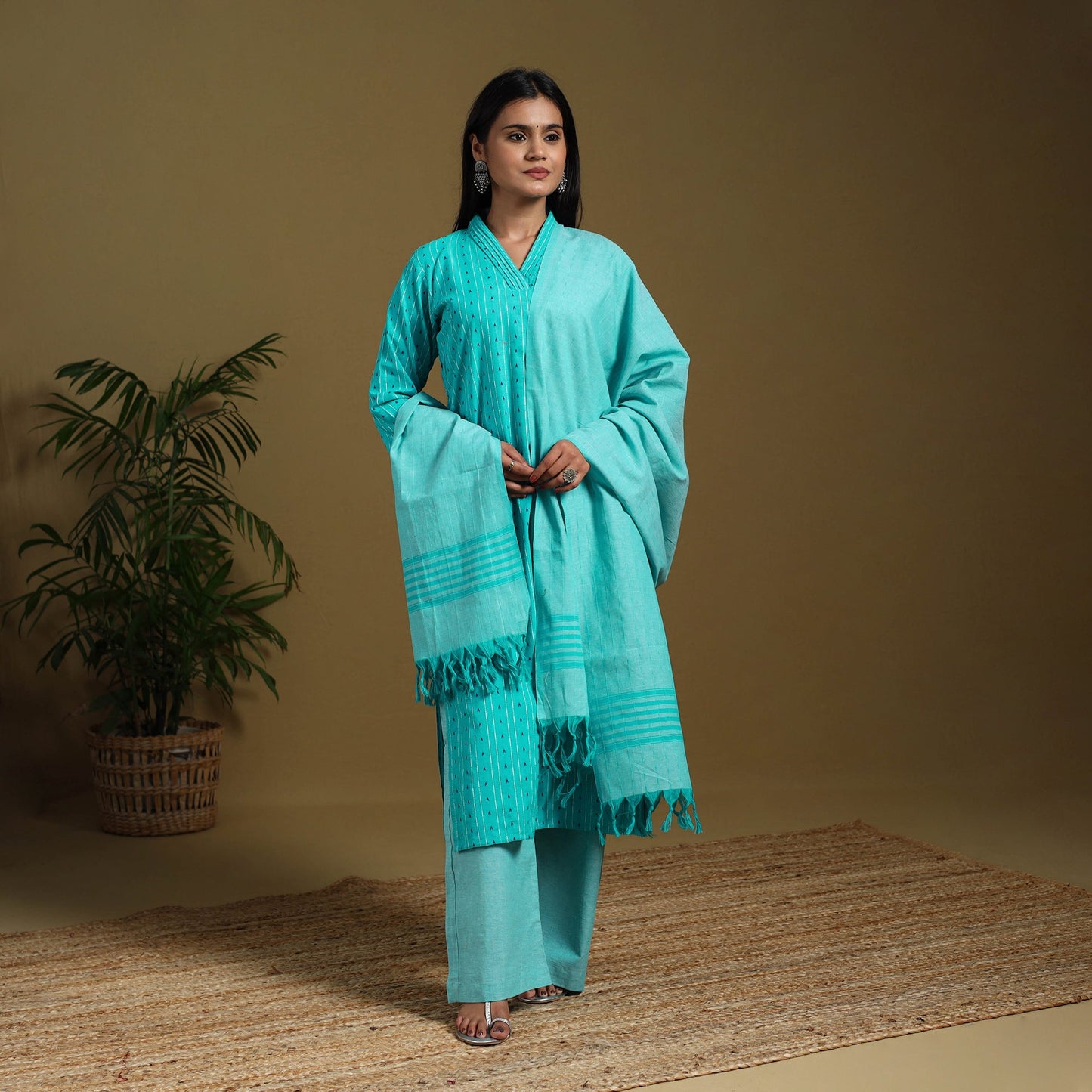 Blue - cotton jacquard kurta set (set of 3) 06 - handcrafted