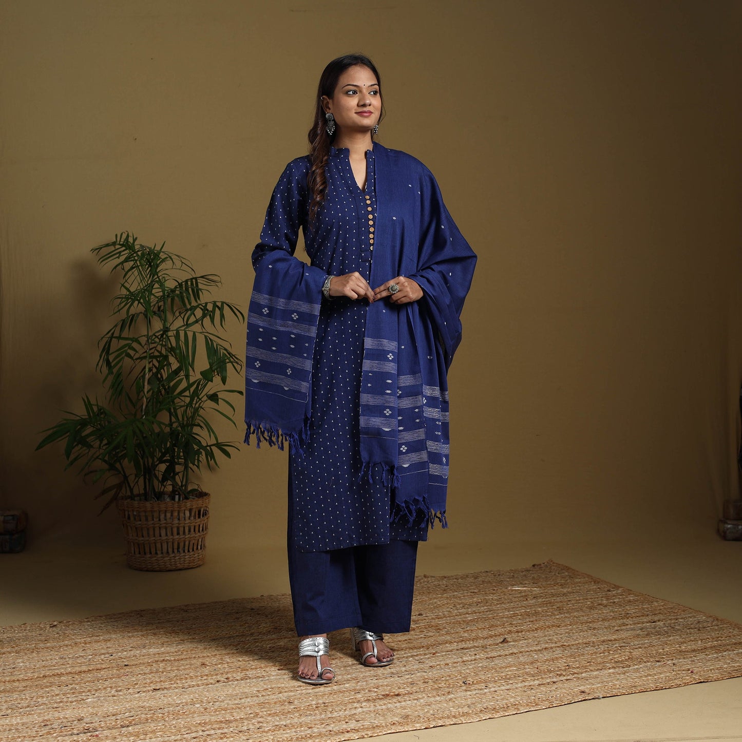 Blue - cotton jacquard kurta set (set of 3) 09 - handcrafted