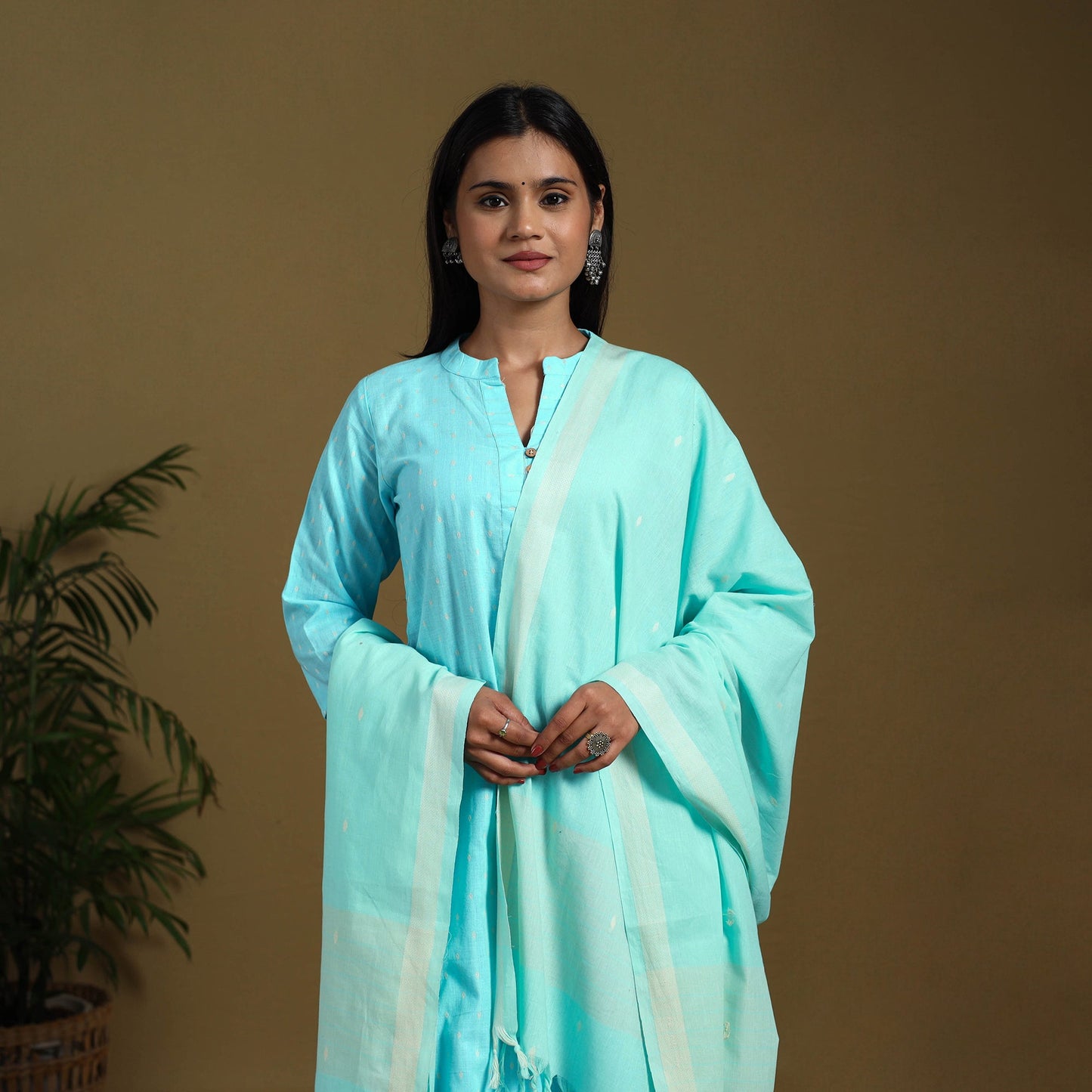 Blue - cotton jacquard kurta set (set of 3) 13 - handcrafted