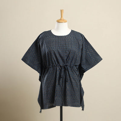 Buy Blue Ajrakh Block Print Cotton Kaftan