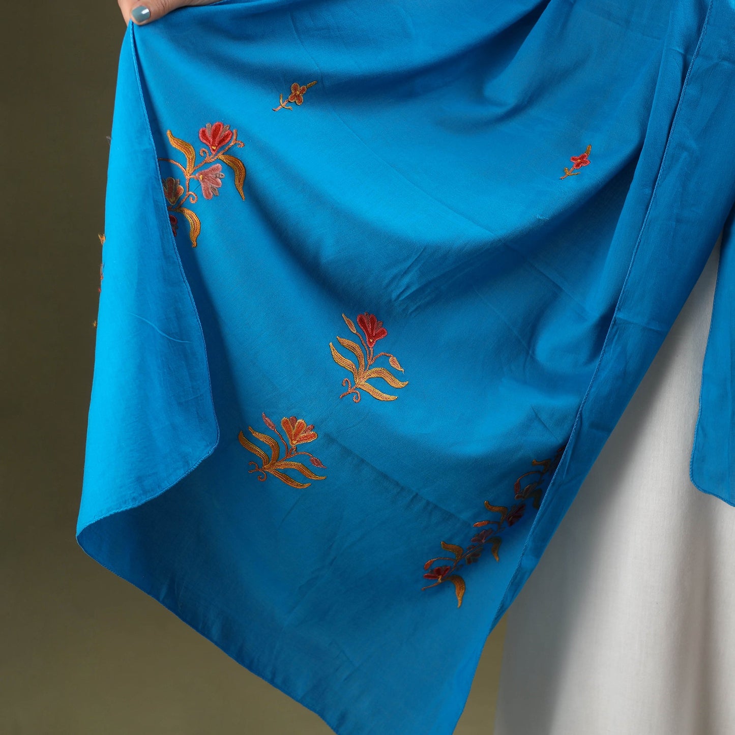 Blue - cotton kashida embroidery stole 06 - handcrafted
