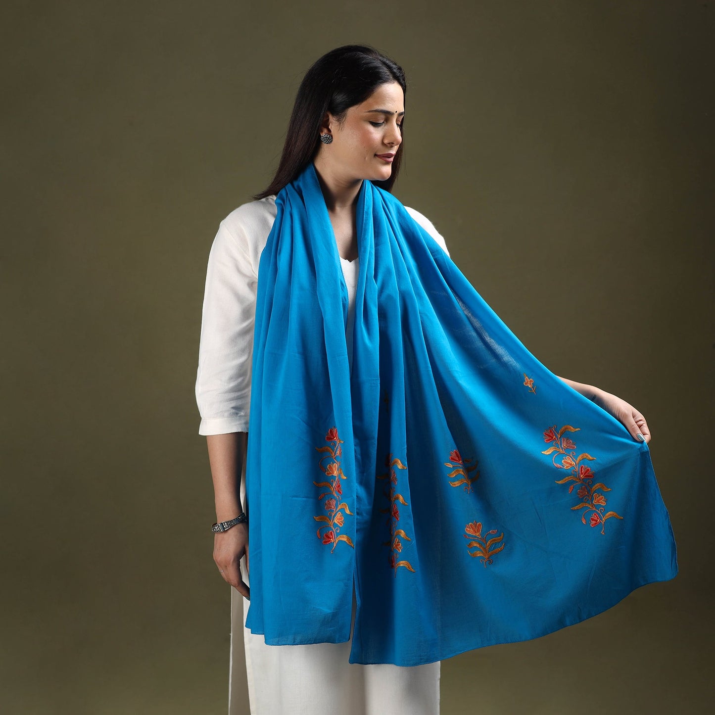 Blue - cotton kashida embroidery stole 06 - handcrafted