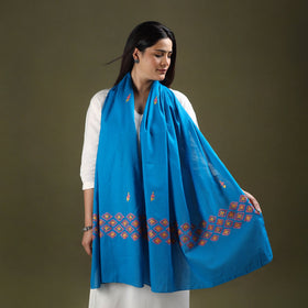 Blue - cotton kashida embroidery stole 10 - handcrafted