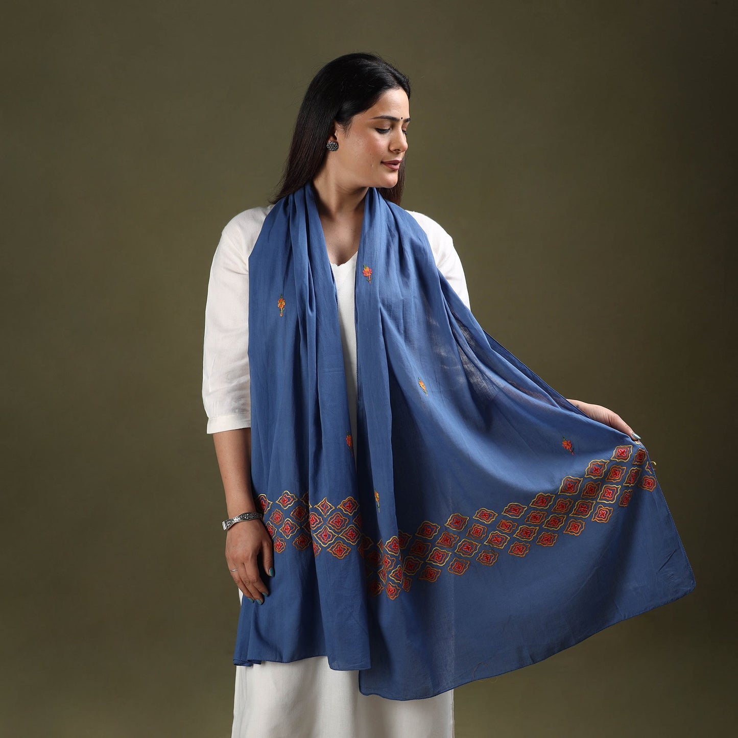  Blue Cotton Kashida Embroidery Stole