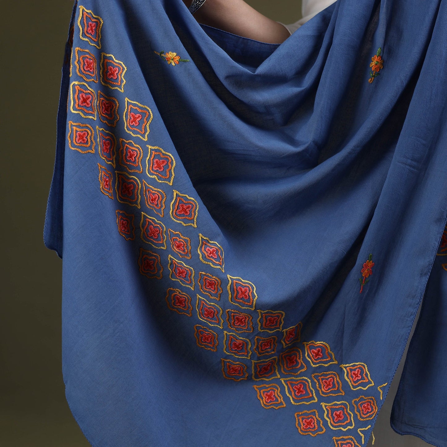  Blue Cotton Kashida Embroidery Stole