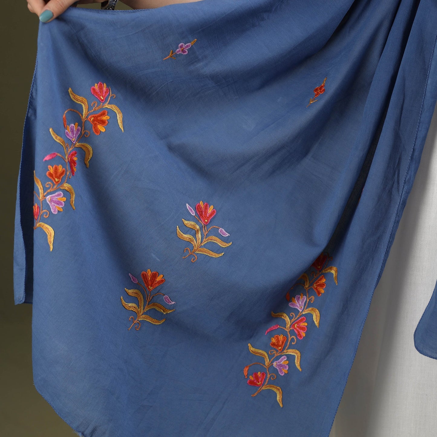 Buy Blue Cotton Kashida Embroidery Stole