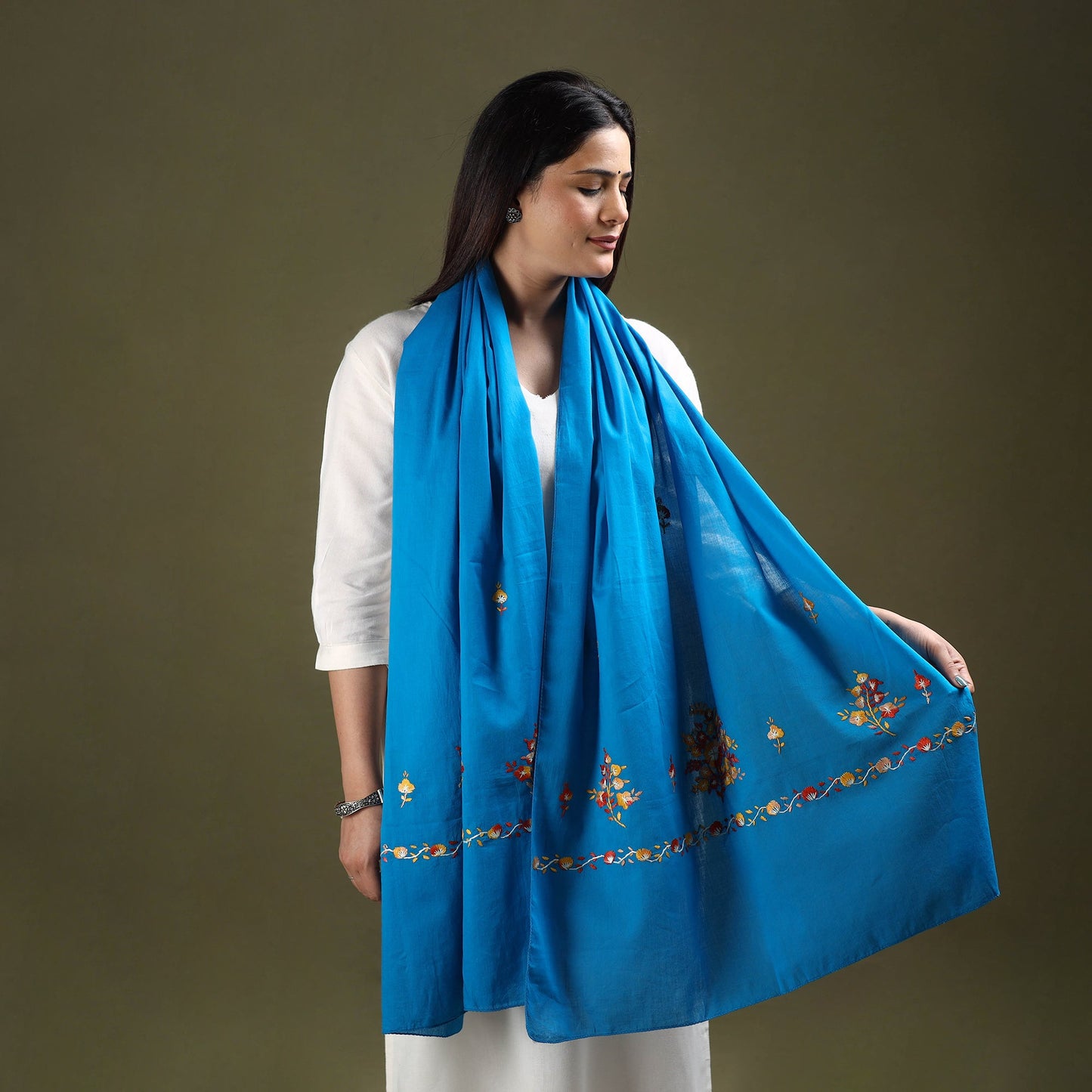Buy Blue Cotton Kashida Embroidery Stole