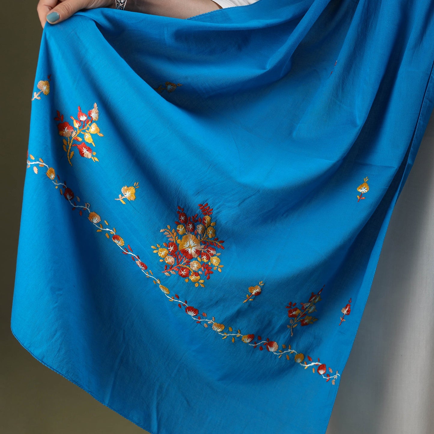Buy Blue Cotton Kashida Embroidery Stole