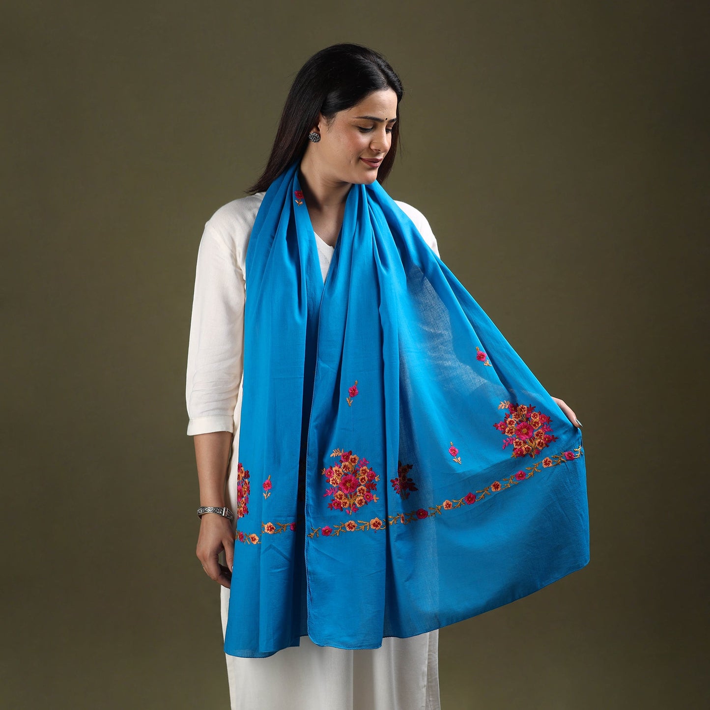 Buy Blue Cotton Kashida Embroidery Stole