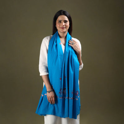 Blue - cotton kashida embroidery stole 24 - handcrafted