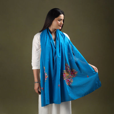 Blue - cotton kashida embroidery stole 27 - handcrafted