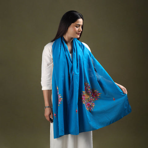 Blue - cotton kashida embroidery stole 27 - handcrafted