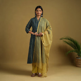 Blue Block Print Cotton Ajrakh Kurta Set with Dupatta 