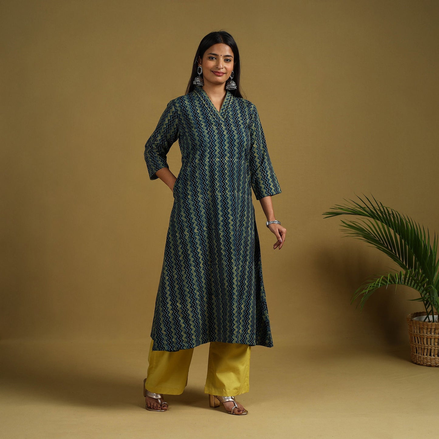 Blue Block Print Cotton Ajrakh Kurta Set with Dupatta 