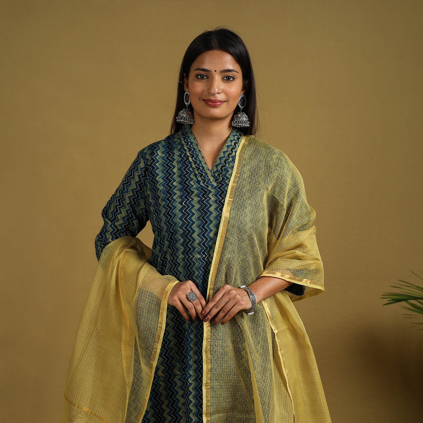 Blue Block Print Cotton Ajrakh Kurta Set with Dupatta 