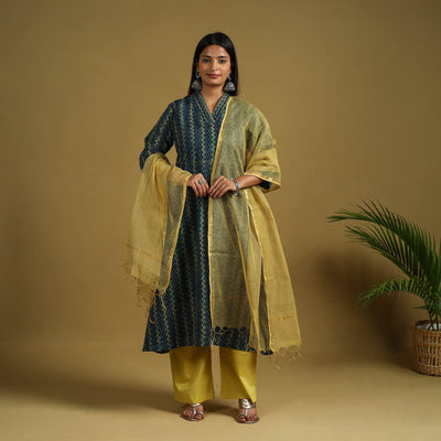 Blue Block Print Cotton Ajrakh Kurta Set with Dupatta 