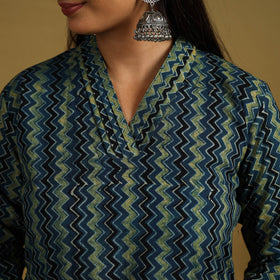 Blue Block Print Cotton Ajrakh Kurta Set with Dupatta 