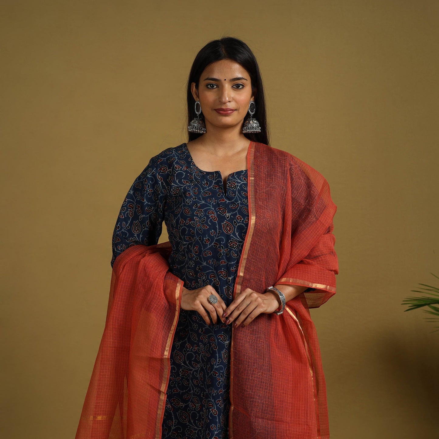 Buy Blue Block Print Cotton Ajrakh Kurta Set with Dupatta