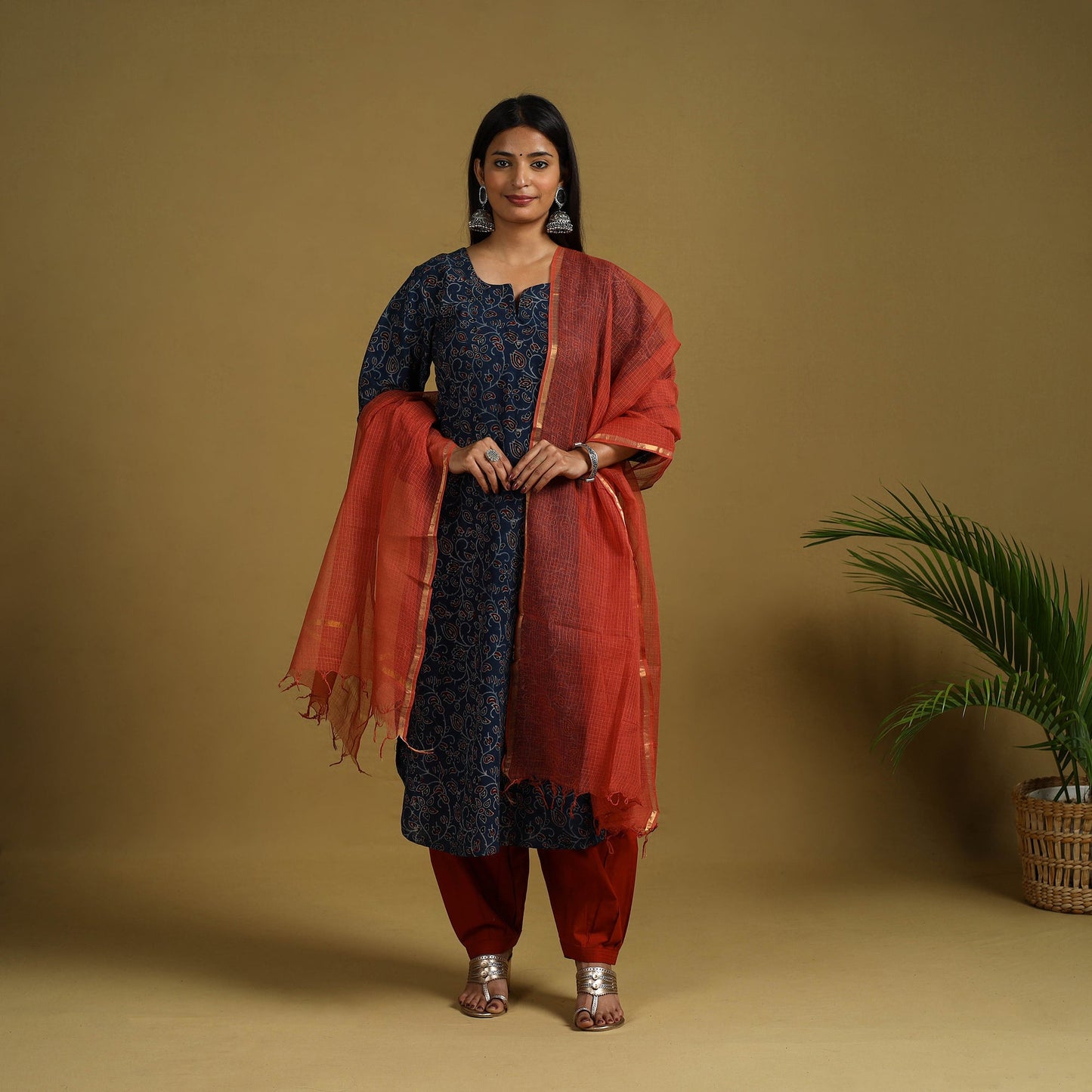 Buy Blue Block Print Cotton Ajrakh Kurta Set with Dupatta
