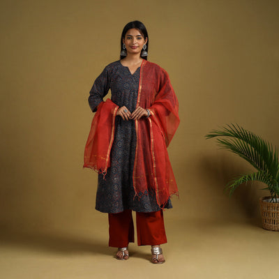  Blue Block Print Cotton Ajrakh Kurta Set with Dupatta