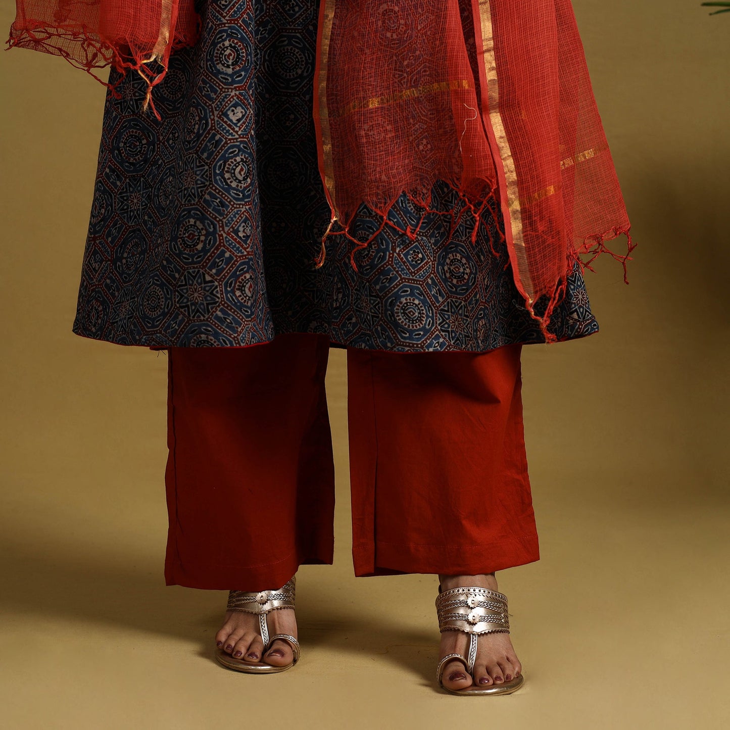  Blue Block Print Cotton Ajrakh Kurta Set with Dupatta