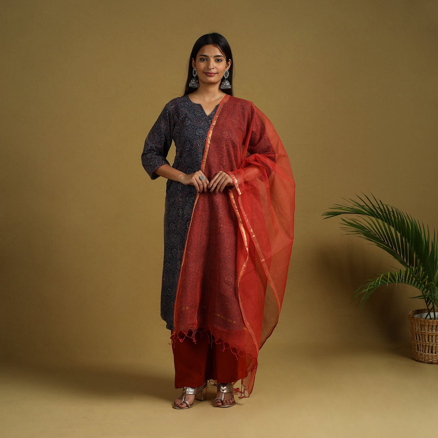  Blue Block Print Cotton Ajrakh Kurta Set with Dupatta