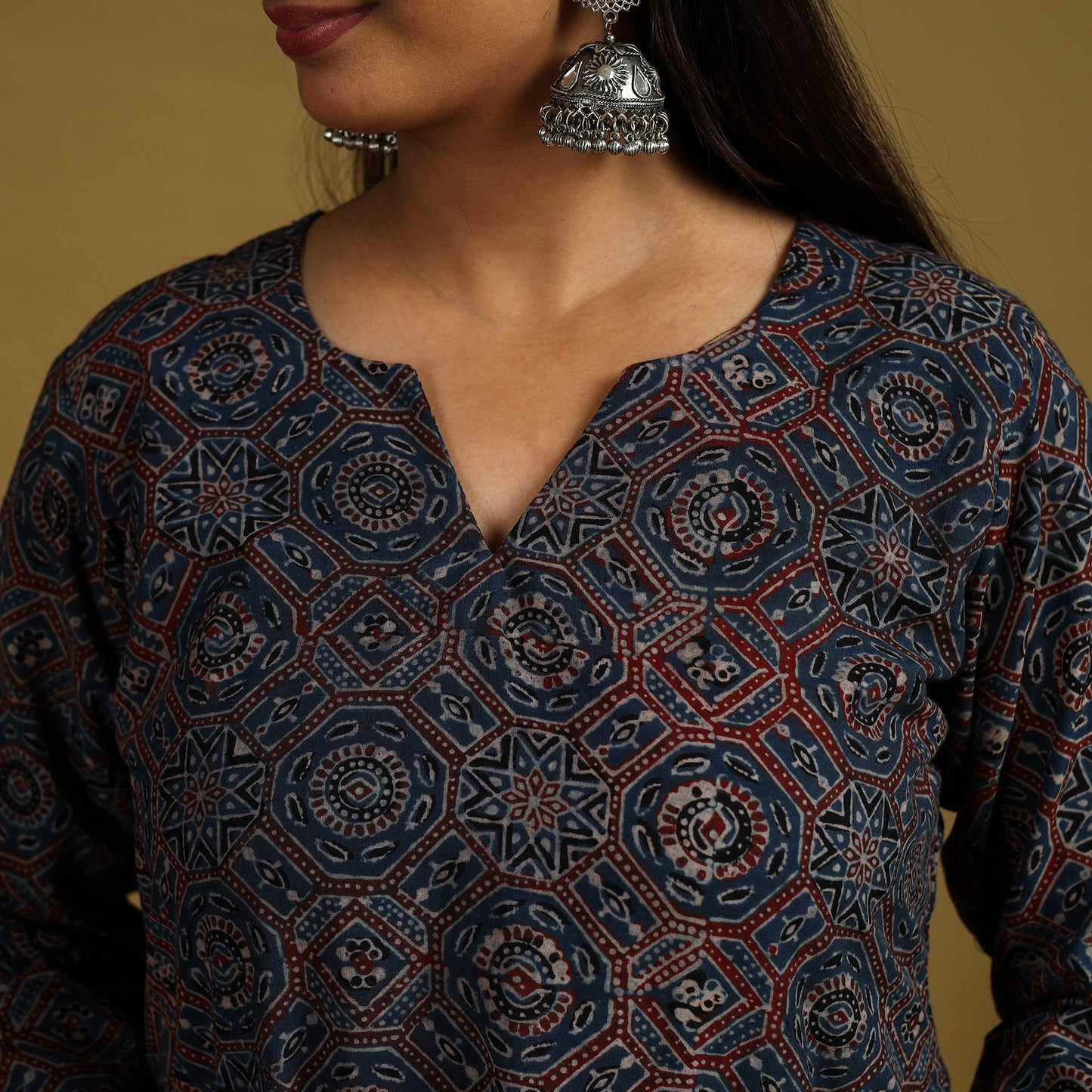  Blue Block Print Cotton Ajrakh Kurta Set with Dupatta