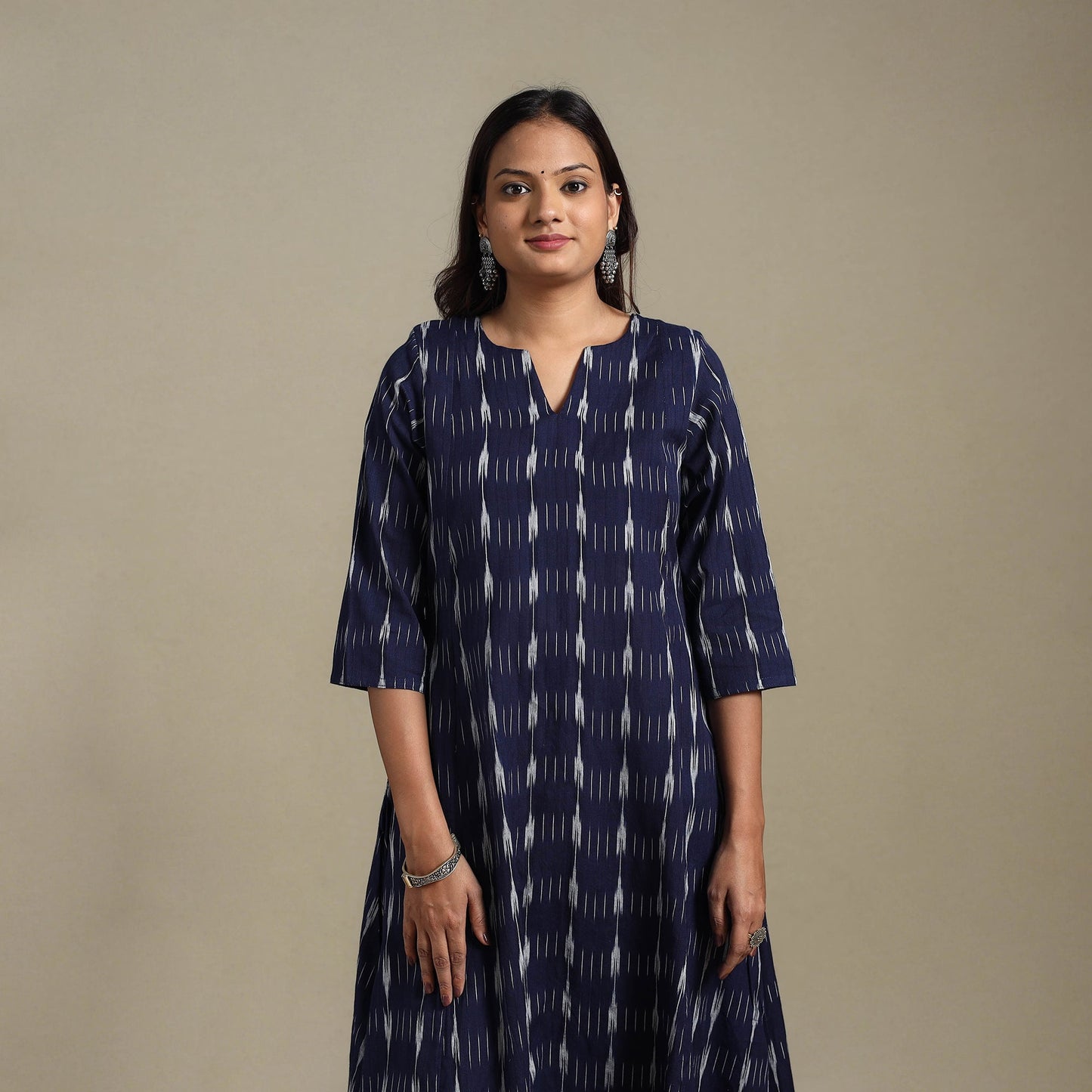 Blue - cotton a-line pochampally ikat kurta 01 - handcrafted