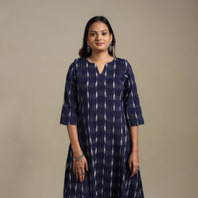 Blue - cotton a-line pochampally ikat kurta 01 - handcrafted